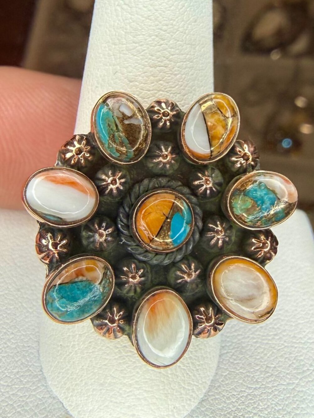 Flower Copper ring with spiny oyster stone